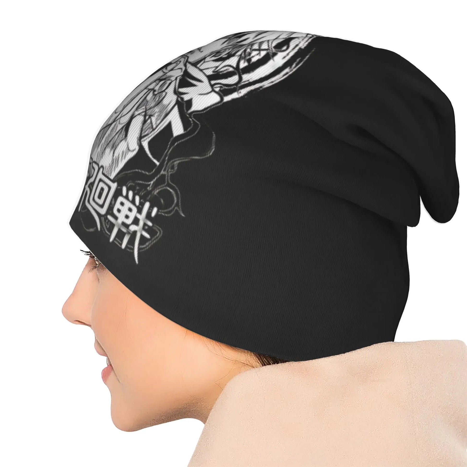 Black beanie on head in profile; Gojo Satoru graphic on side