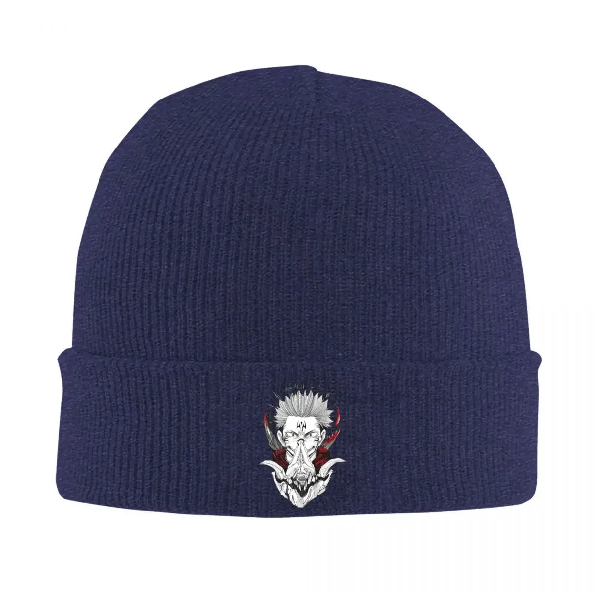 Bonnet en maille bleu nuit à revers, écusson manga Fléau Ryomen Sukuna