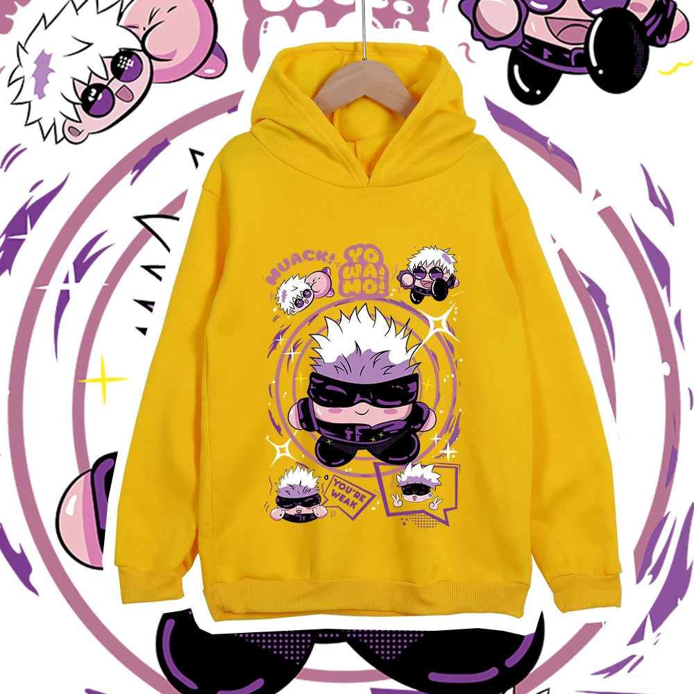 Hoodie jaune à capuche, imprimé manga au centre, manches longues