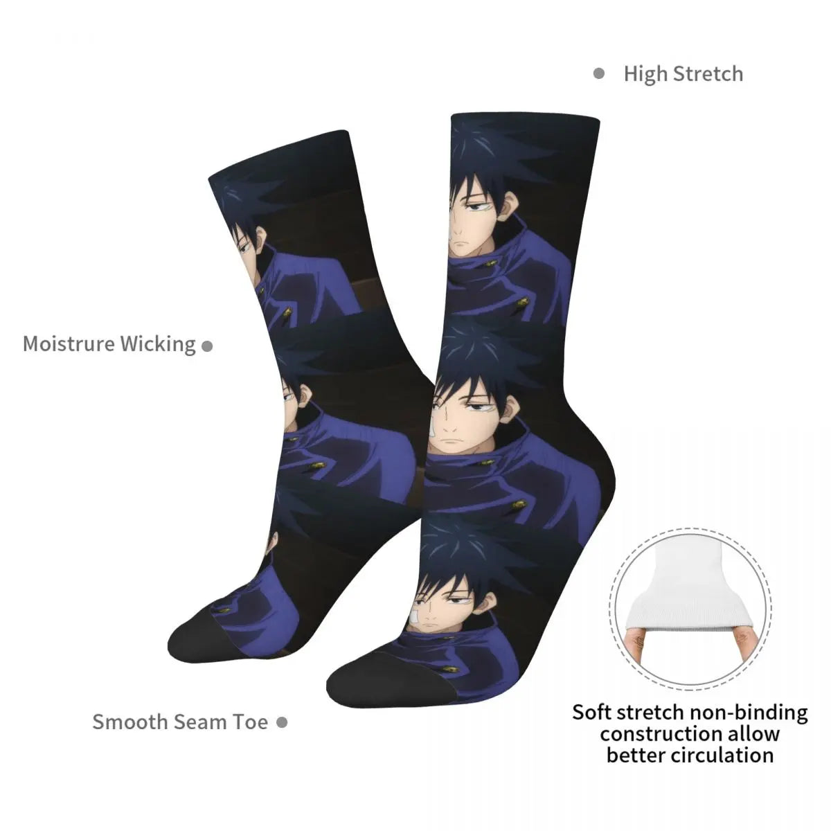 Crew socks with black-and-purple Megumi character print; high stretch, moisture-wicking