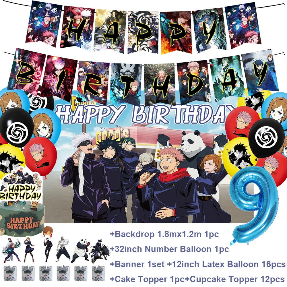 Décoration anniversaire Jujutsu Kaisen : ballon chiffre 9, guirlande « Happy Birthday », ballons ronds