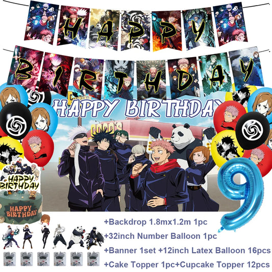 Décoration anniversaire Jujutsu Kaisen : ballon chiffre 9, guirlande « Happy Birthday », ballons ronds