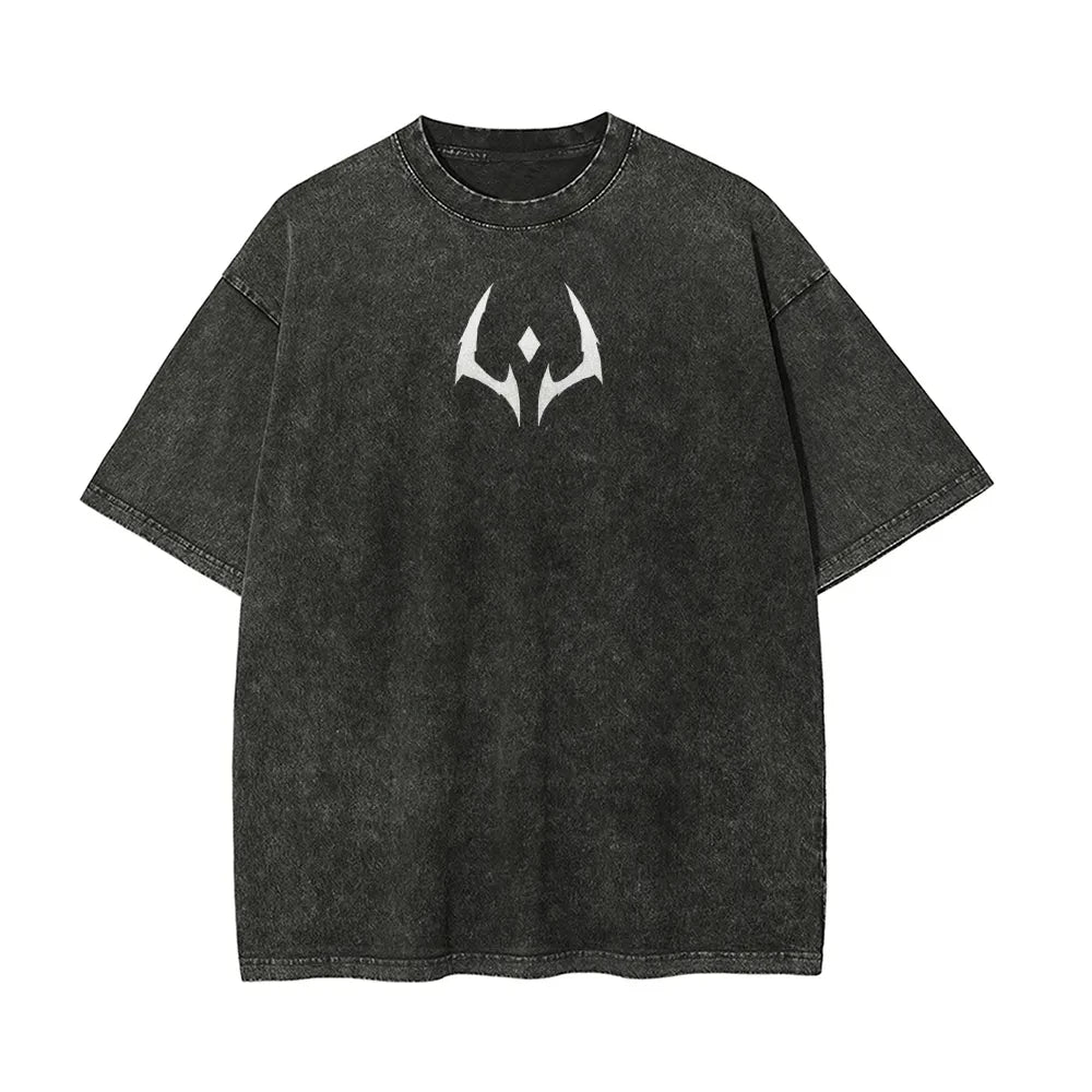 Dark charcoal T-shirt with horned Sukuna symbol logo on front, short sleeves