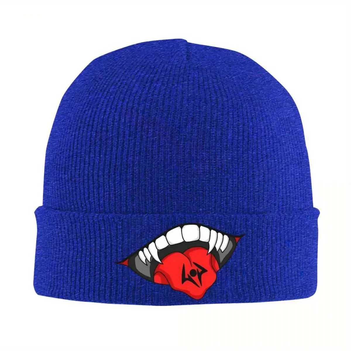 Bonnet bleu en tricot côtelé Ryomen Sukuna, badge rouge avec dents blanches