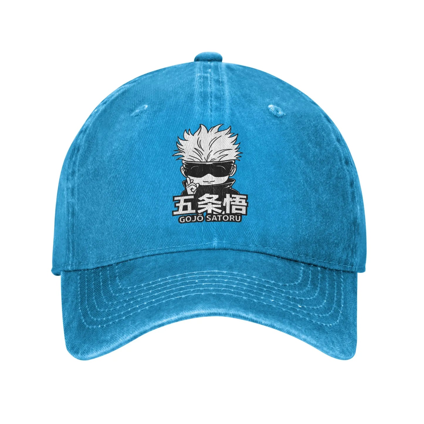 Casquette bleue délavée avec broderie Gojo et lunettes, visière courbée