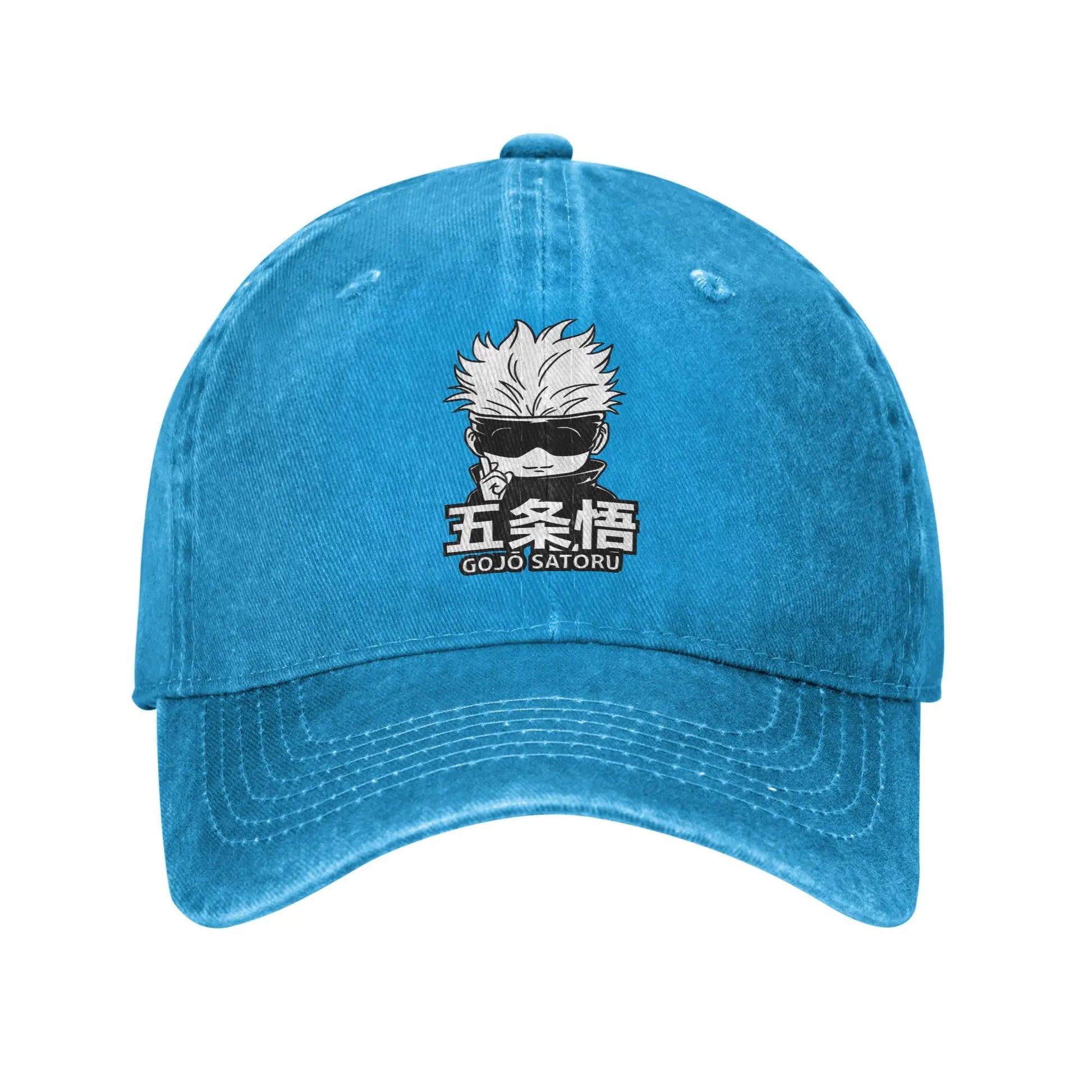 Casquette bleue délavée avec broderie Gojo et lunettes, visière courbée