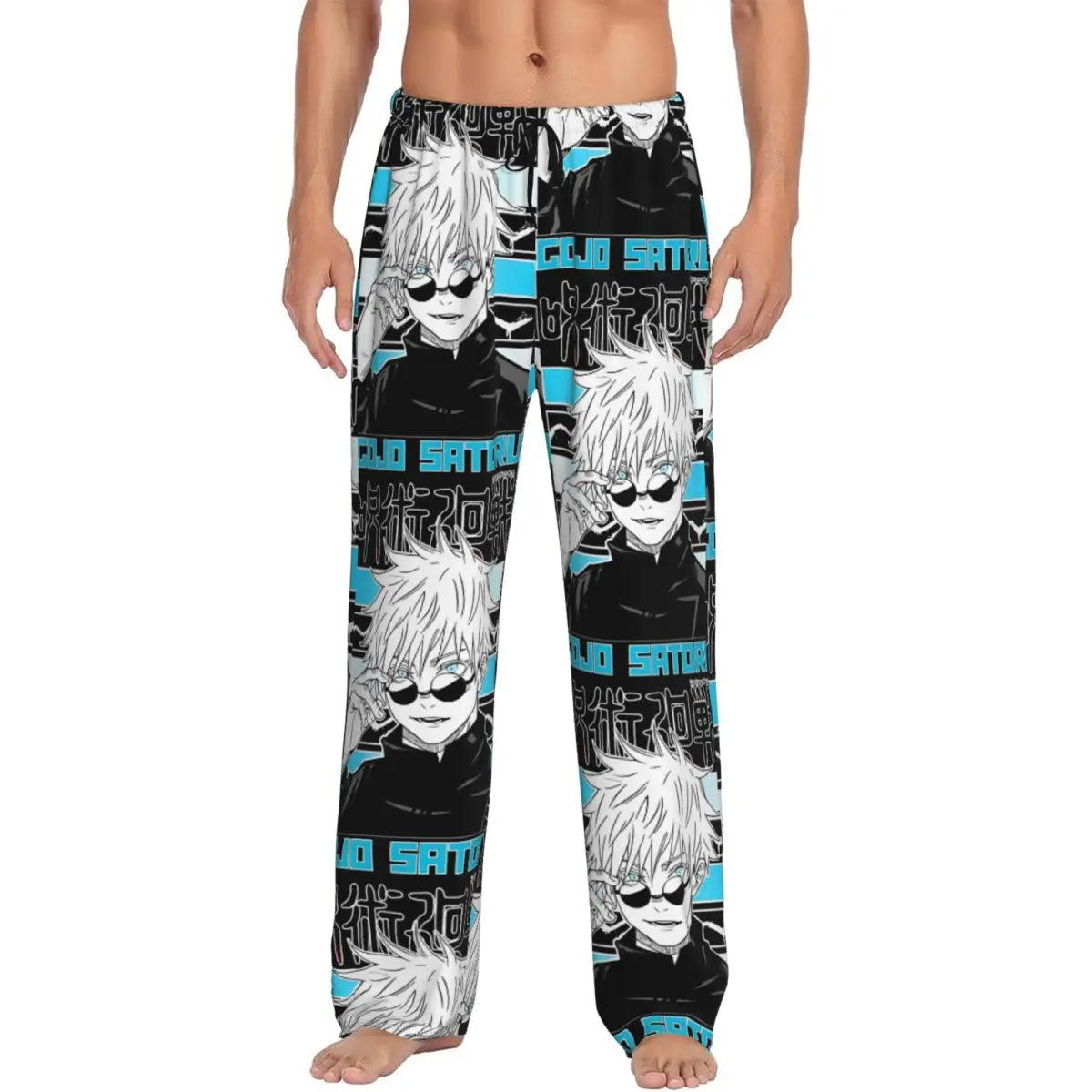 Anime pajama pants with black base, white character print, blue accents, elastic waist