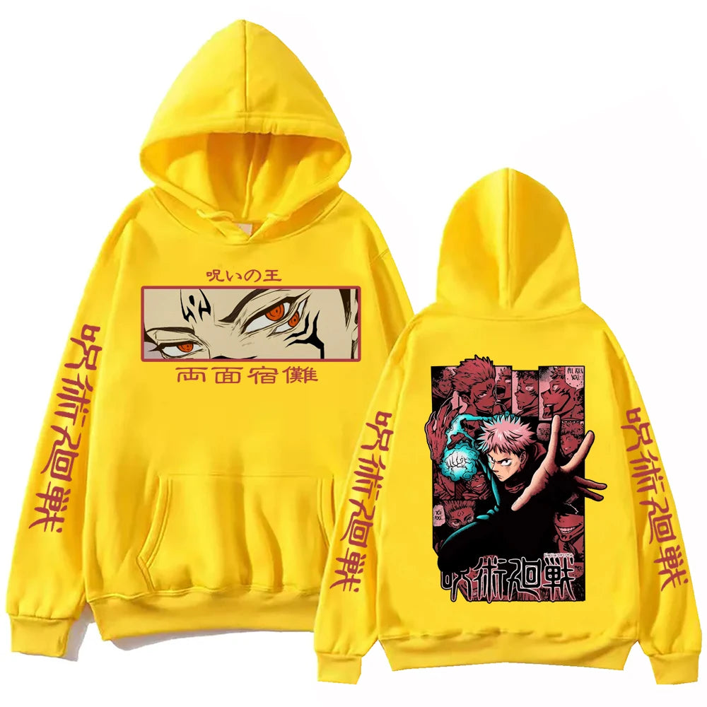 Hoodie jaune à capuche, imprimé manga au dos et sur la poitrine avec poche