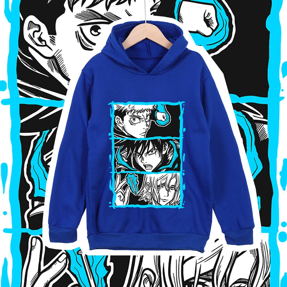 Sweat à capuche enfant bleu avec motif Jujutsu en 3 panneaux, poche kangourou