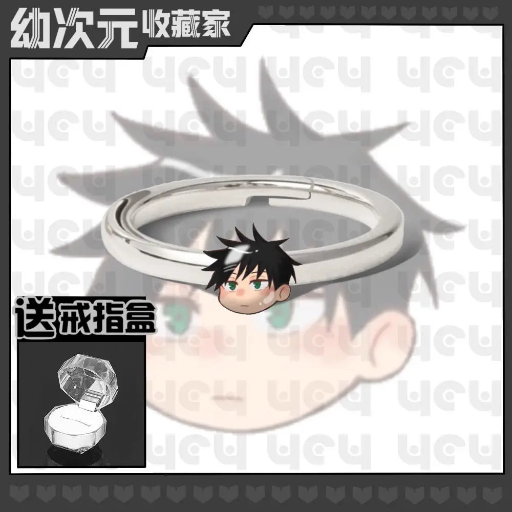 Bague en métal argenté avec tête chibi cheveux noirs et yeux verts